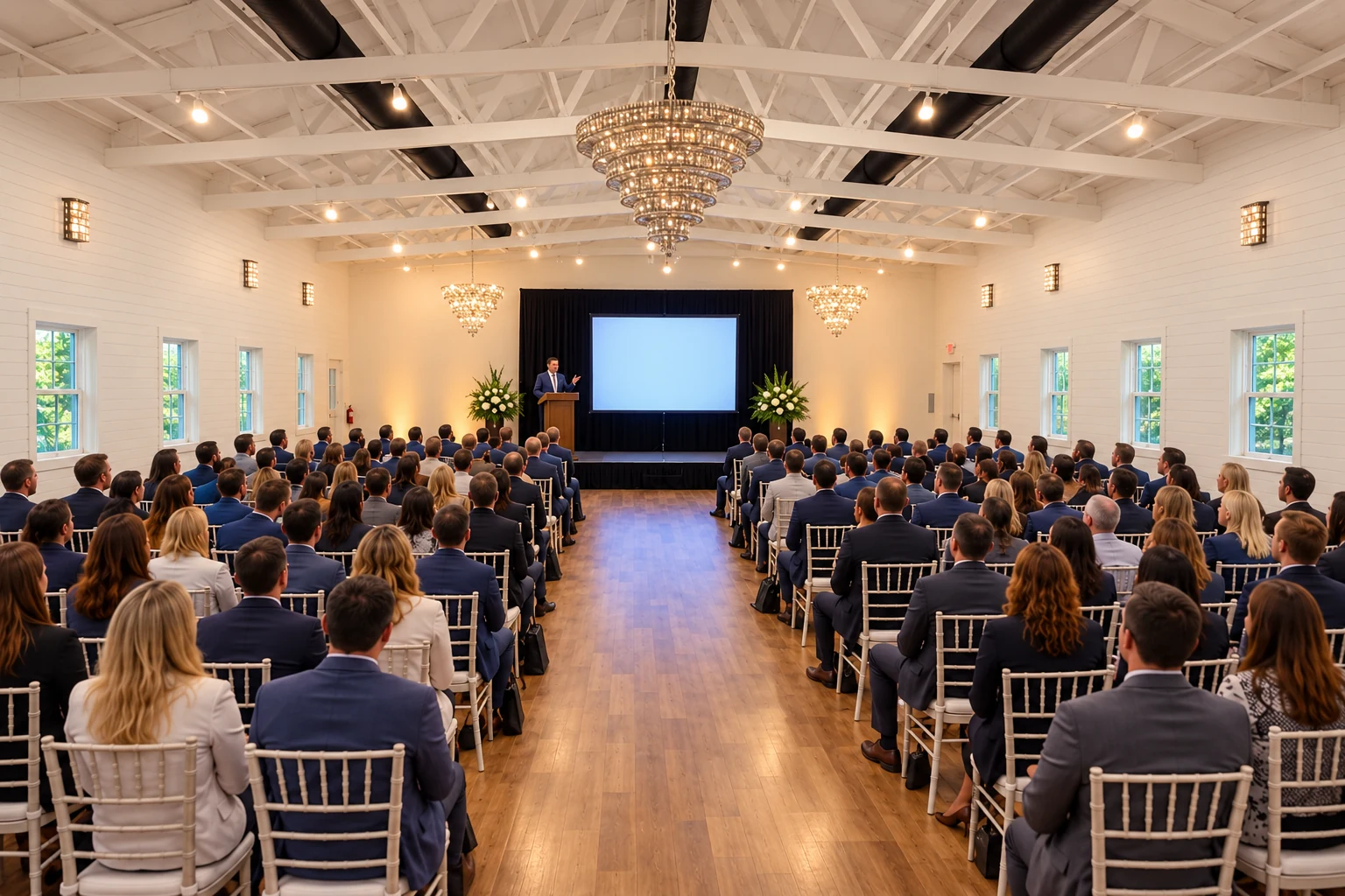 Business conference with speaker and attendees in the Texas AZ Paradise Ranch event hall