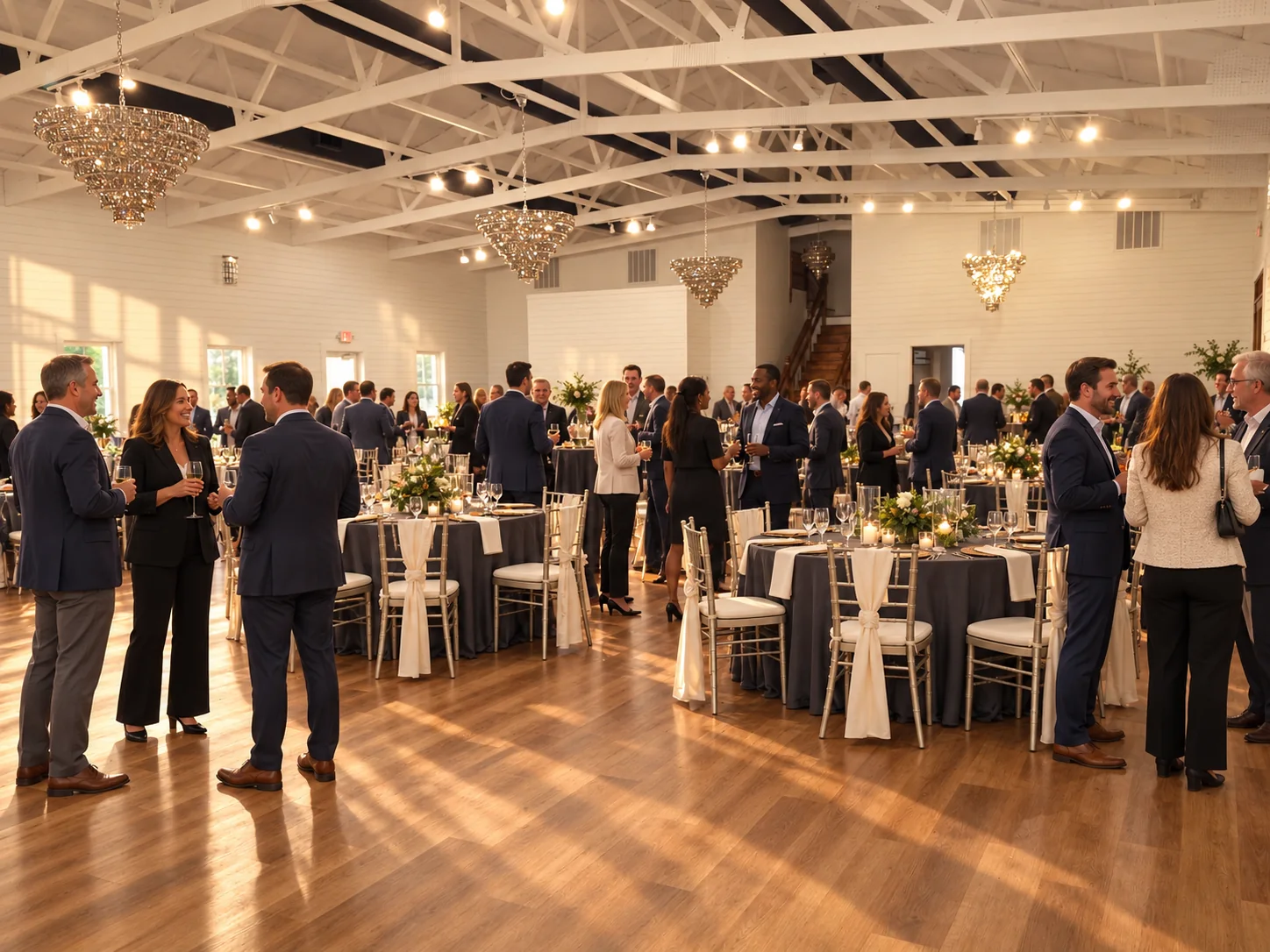 Guests networking inside the ranch ballroom beneath its white trusses and chandeliers