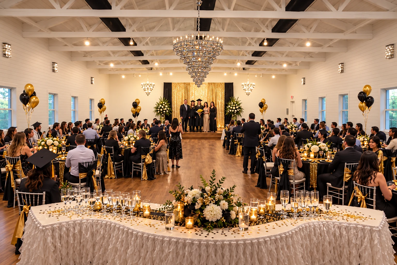 Graduates in caps and gowns at black-and-gold dinner in the Texas AZ Paradise Ranch event hall