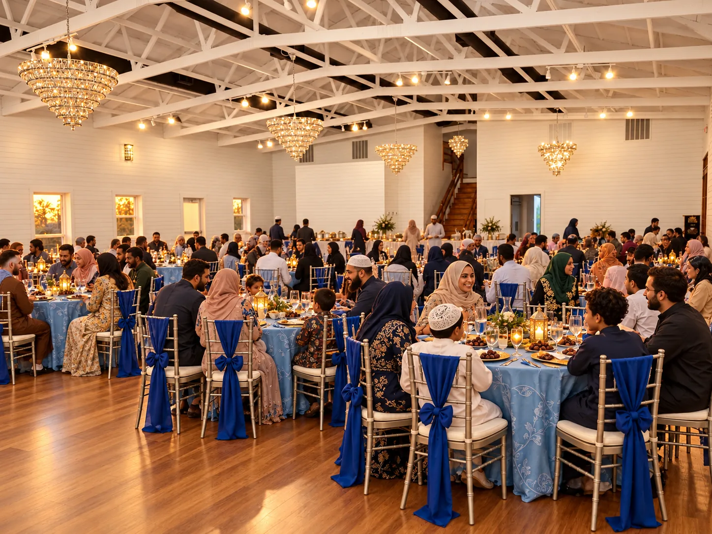Families gathered around dates, water, and dinner for Iftar inside the ranch ballroom