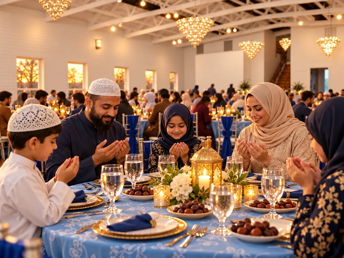 Family seated around dates and water before breaking the Ramadan fast in the ranch ballroom