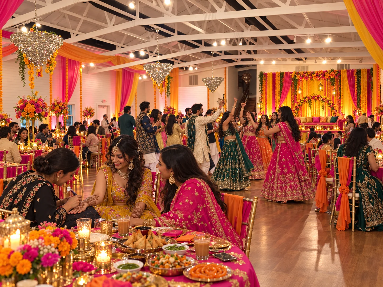 Mehndi celebration with henna, dancing, colorful South Asian clothing, and catered food in the ranch ballroom