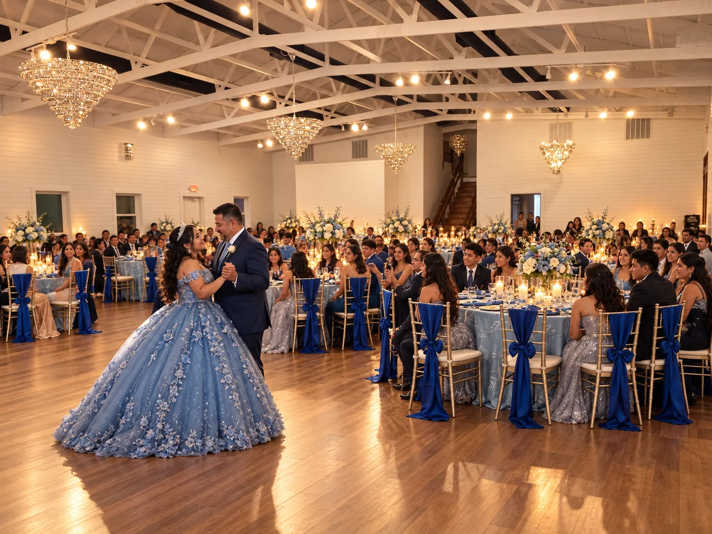 Quinceañera celebrant dancing with parent in the Texas AZ Paradise Ranch event hall