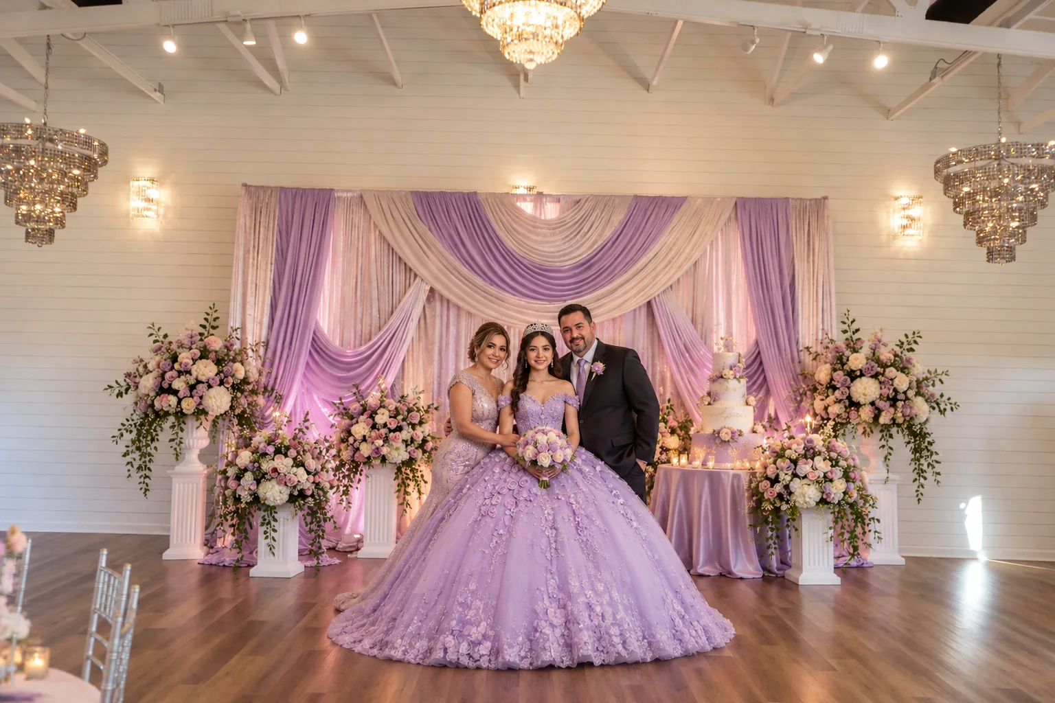 Lilac quinceañera stage setting and family portrait in the Texas AZ Paradise Ranch event hall