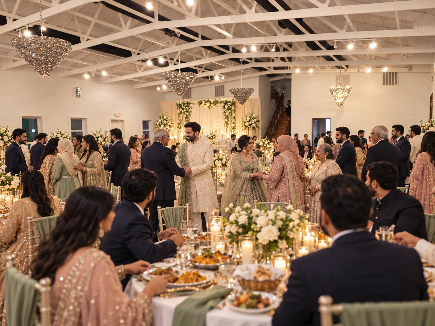 Couple greeting family and guests at a formal Walima dinner in the ranch ballroom