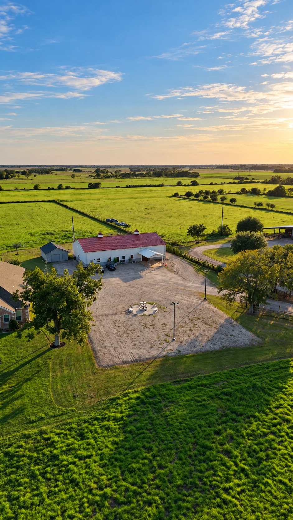 Uncropped aerial view of the ranch, real fountain, forecourt, and neighboring fields