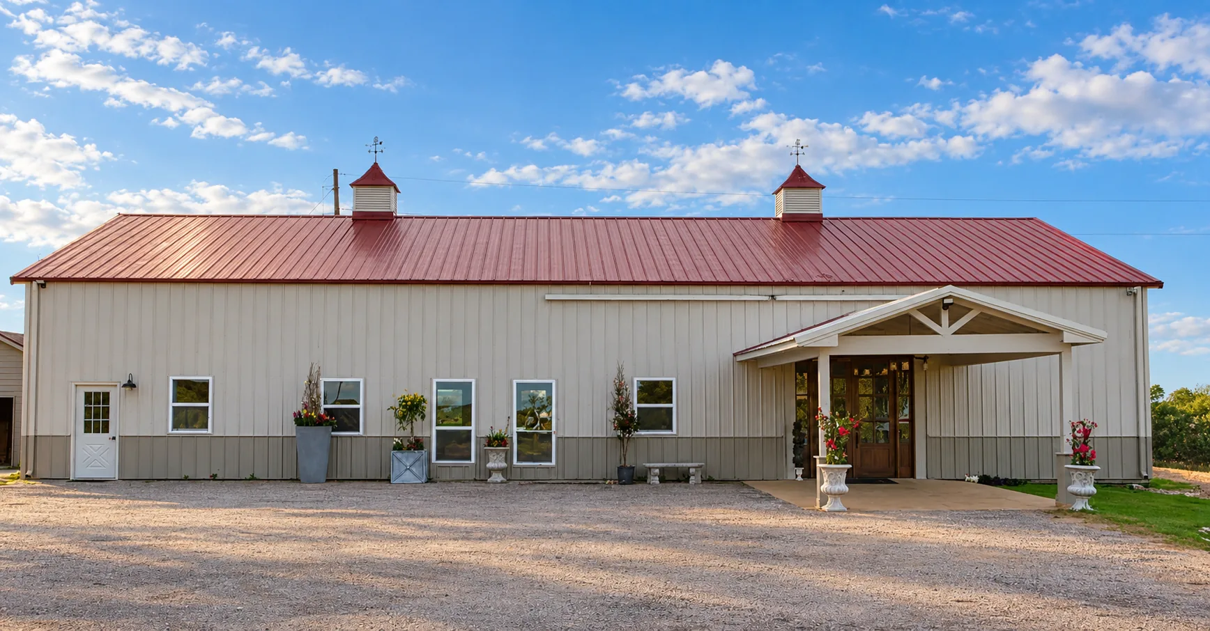 Texas AZ Paradise Ranch exterior with red roof and covered entrance