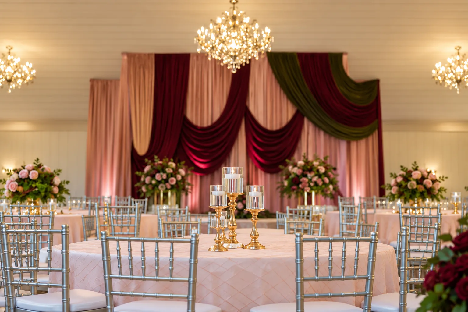 Blush banquet tables and silver chairs facing the decorated wall inside the ranch ballroom
