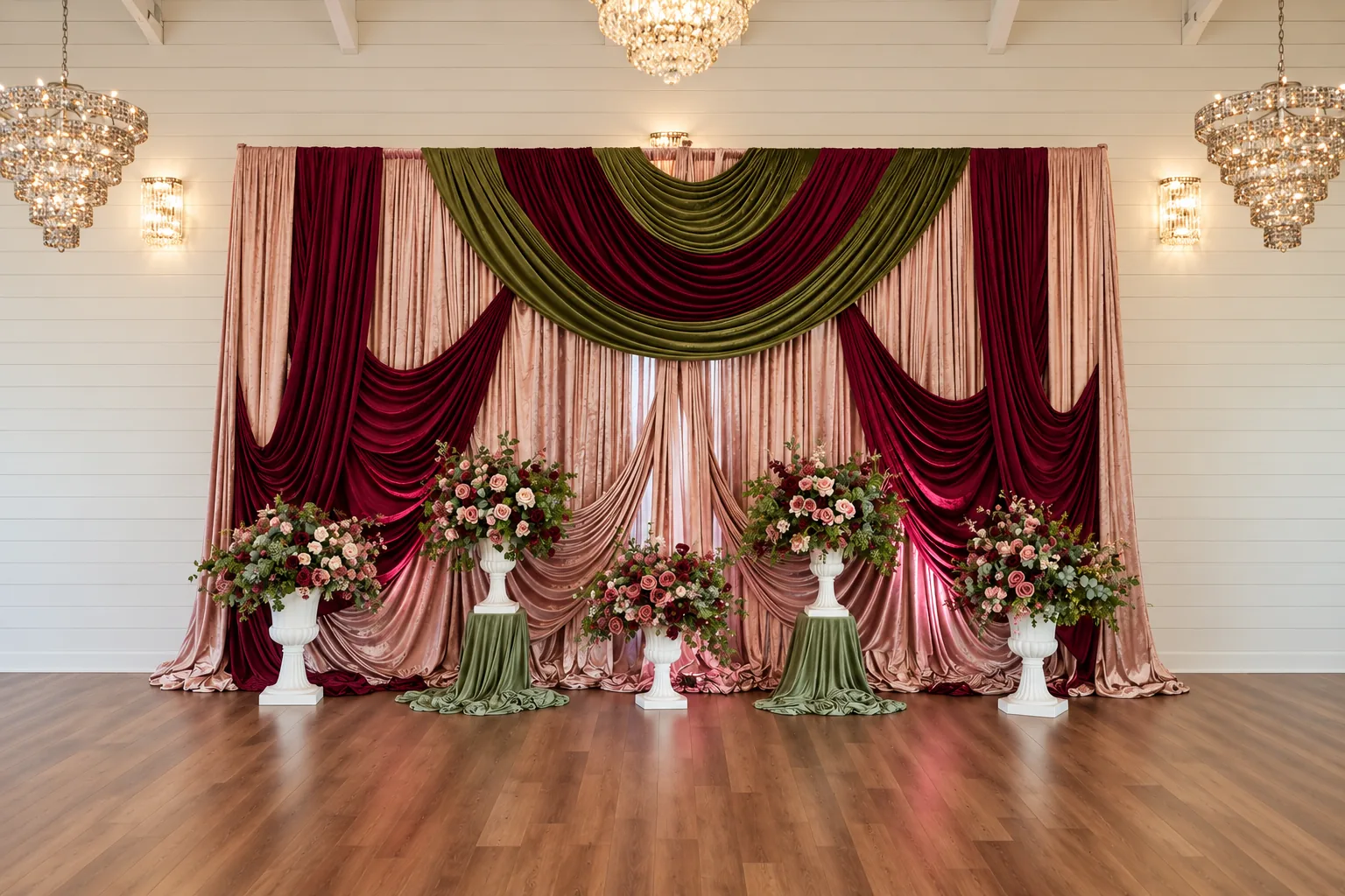 Burgundy, blush, and olive ceremony backdrop inside the ballroom at Texas AZ Paradise Ranch