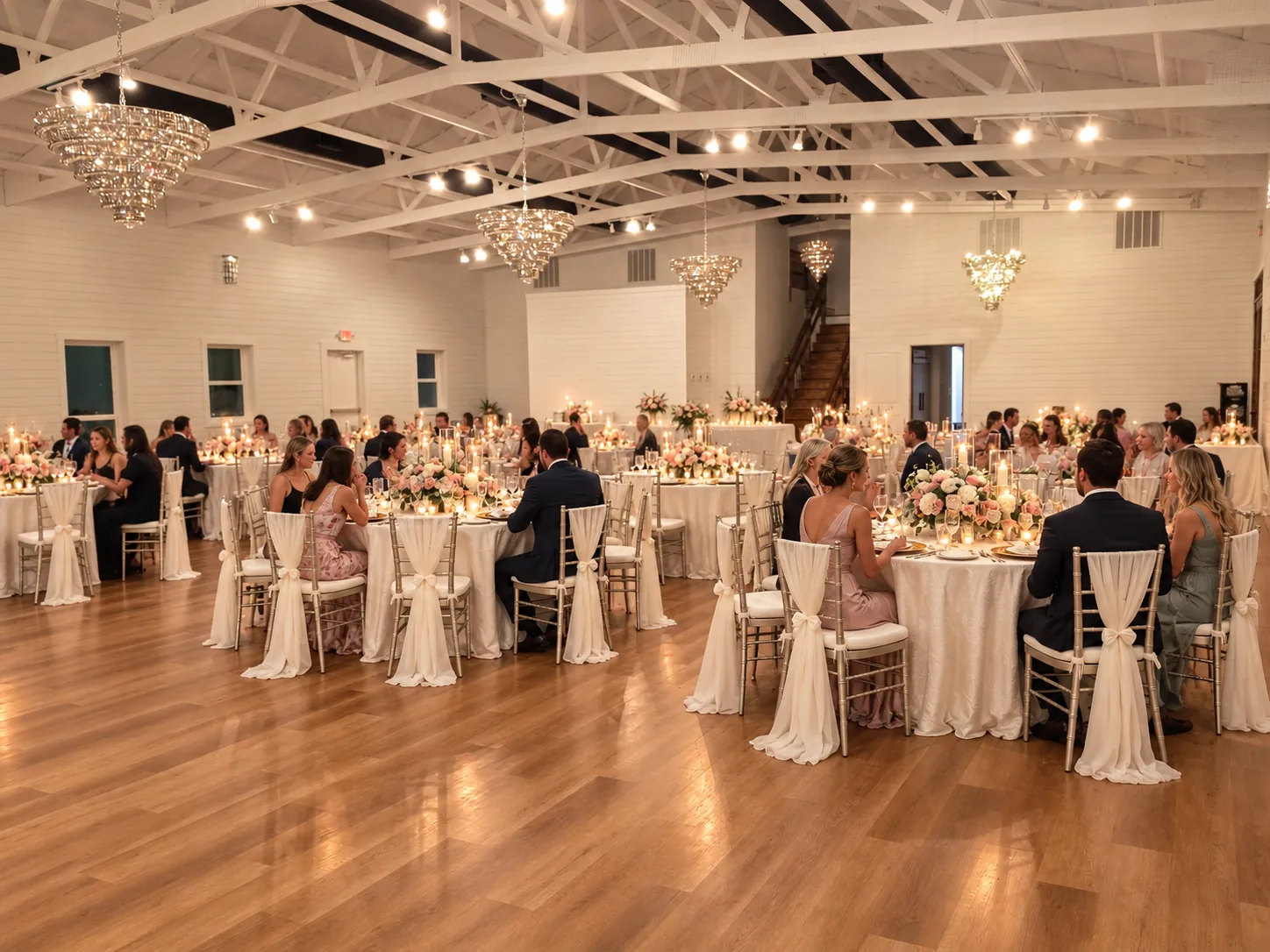 ivory wedding reception with guests inside the recognizable ranch hall in Richmond, Texas.
